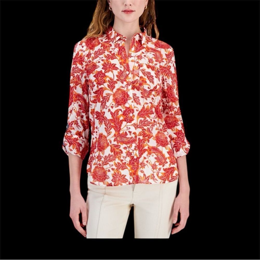 NWOT Paisley Tommy Hilfiger Pocket Red Orange,White Floral button long Sleeve